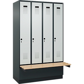 Vestiaire C+P Evolo Plus, 4 compartiments de 300 mm de large, socle, banquette flottante, L 1200 x P 815 x H 1950 mm, loquet rotatif, gris anthracite/gris clair