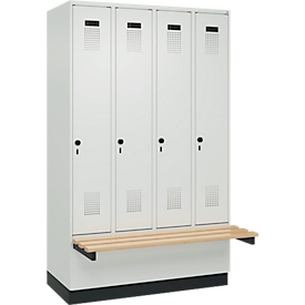 Vestiaire C+P Evolo Plus, 4 compartiments de 300 mm de large, socle, banquette flottante, L 1200 x P 815 x H 1950 mm, loquet rotatif, gris clair/gris clair