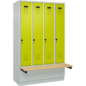 Vestiaire C+P Evolo Plus, 4 compartiments de 300 mm de large, socle, banquette flottante, L 1200 x P 815 x H 1950 mm, loquet rotatif, gris clair/vert clown
