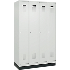 Vestiaire C+P Evolo Plus, 4 compartiments, largeur des compartiments 300 mm, avec socle, charnières à droite, L 1200 x P 500 x H 1950 mm, cylindre, gris clair/gris clair