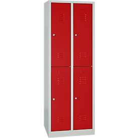 Vestiaire, deux étages, 2 x 2 compartiments, serrure à cylindre, gris clair/rouge feu