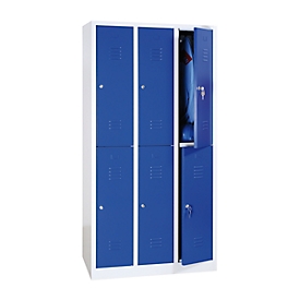 Vestiaire, deux étages, 2 x 3 compartiments, serrure à cylindre, gris clair RAL 7035/bleu gentiane RAL 5010