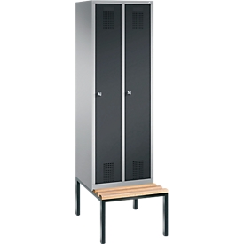 Vestiaire Evolo S 3000, acier, avec banc intégré, 2 compartiments, l. 300 mm chacun, serrure à cylindre, alu blanc RAL 9006/anthracite RAL 7016