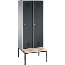 Vestiaire Evolo S 3000, acier, avec banc intégré, 2 compartiments, l. 400 mm chacun, serrure à cylindre, alu blanc RAL 9006/anthracite RAL 7016