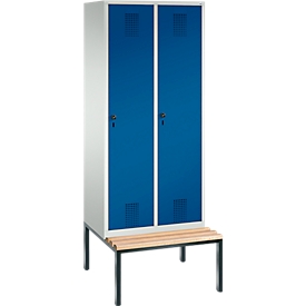 Vestiaire Evolo S 3000, acier, avec banc intégré, 2 compartiments, l. 400 mm chacun, serrure de sécurité à came batteuse, gris clair RAL 7035/bleu gentiane RAL 5010