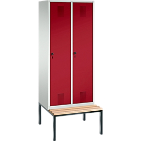 Vestiaire Evolo S 3000, acier, avec banc intégré, 2 compartiments, l. 400 mm chacun, serrure de sécurité à came batteuse, gris clair RAL 7035/rouge rubis RAL 3003