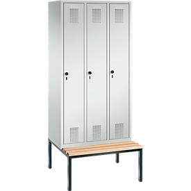 Vestiaire Evolo S 3000, acier, avec banc intégré, 3 compartiments, l. 300 mm chacun, serrure de sécurité à came batteuse, gris clair RAL 7035/gris clair RAL 7035