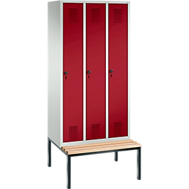Vestiaire Evolo S 3000, acier, avec banc intégré, 3 compartiments, l. 300 mm chacun, serrure de sécurité à came batteuse, gris clair RAL 7035/rouge rubis RAL 3003