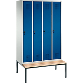 Vestiaire Evolo S 3000, acier, avec banc intégré, 4 compartiments, l. 300 mm chacun, serrure de sécurité à came batteuse, gris clair RAL 7035/bleu gentiane RAL 5010