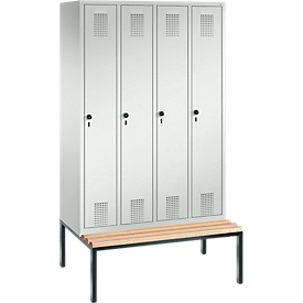 Vestiaire Evolo S 3000, acier, avec banc intégré, 4 compartiments, l. 300 mm chacun, serrure de sécurité à came batteuse, gris clair RAL 7035/gris clair RAL 7035