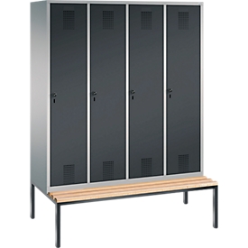 Vestiaire Evolo S 3000, acier, banc, 4 compartiments, l. 400 mm chacun, came batteuse, alu blanc RAL 9006/anthracite RAL 7016