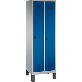 Vestiaire Evolo S 3000, acier, sur pieds, 2 compartiments, l. 300 mm chacun, serrure de sécurité à came batteuse, alu blanc RAL 9006/bleu gentiane RAL 5010
