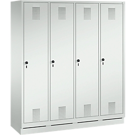Vestiaire Evolo S 3000, acier, sur socle, 4 compartiments, l. 400 mm chacun, serrure de sécurité à came batteuse, gris clair RAL 7035/gris clair RAL 7035