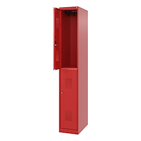 Vestiaire pompier à deux étages C+P Flexo White, 1 compartiment avec 2 casiers, patins au sol, L 300 x P 500 x H 1850 mm, RAL 3000 rouge feu