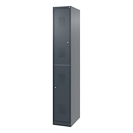Vestiaire pompier à deux étages C+P Flexo White, 1 compartiment avec 2 casiers, patins au sol, L 300 x P 500 x H 1850 mm, RAL 7016 gris anthracite