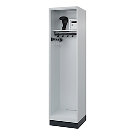 Vestiaire pompiers C+P Evolo Flexo, 1 compartiment, porte-casque, avec socle, L 500 x P 500 x H 1950 mm, RAL 7035 gris clair