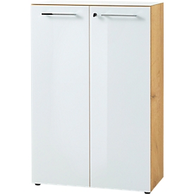 Vijlkast MONTERIA, front &amp; dekplaat glas, afsluitbaar, 3 OH, B 800 x D 370 x H 1200 mm, Navarra eik/wit