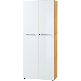 Vijlkast MONTERIA, glasfront, afsluitbaar, 5 OH, B 800 x D 370 x H 1960 mm, Navarraanse eik/wit