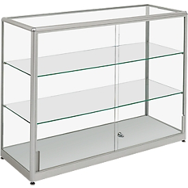 Vitrina de suelo BST, media altura, 3 compartimentos, puertas correderas con cerradura, ancho 1500 x fondo 400 x alto 910 mm, aluminio/vidrio, plata