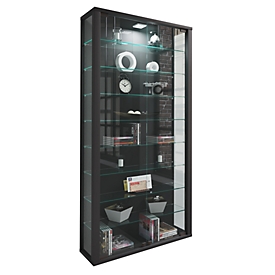 Vitrine murale Vitrosa Maxi, avec éclairage LED, 8 étagères, 2 portes battantes, L 590 x P 180 x H 1140 mm, verre &amp; bois, noir