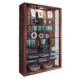 Vitrine murale Vitrosa Mini, sans éclairage LED, 8 tablettes, 2 portes battantes, L 590 x P 180 x H 910 mm, verre &amp; bois, décor cœur de noyer