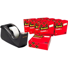 Voordeelset tafelafroller Scotch® + 10 rollen Scotch® Crystal plakband, voor rollen tot B 19 mm, zwart
