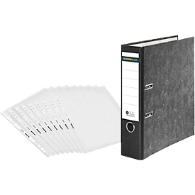 Voordelige set mappen Schäfer Shop Select, DIN A4, rugdikte 80 mm, 20 stuks, zwart + 50 brochurevakken Premium, DIN A4, transparant, glad/helder