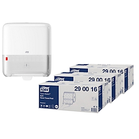 Voordelige set rolhanddoeken Tork® Premium 290016, 2-laags, H1-compatibel, 18 rollen, wit + papieren handdoekdispenser Matic® Elevation Design H1 551000, wit