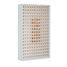 Vorratsschrank, Volumen 635 l, 204 herausnehmbare Lagerboxen mit Griffmulde, B 1270 x T 250 x H 2000 mm, l.grau/transparent