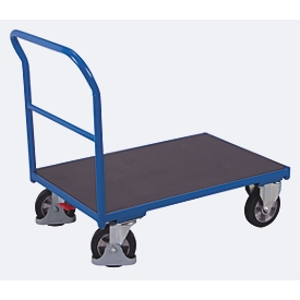Wagen voor zwaar gebruik, staal/zeefdrukplaat, gentiaanblauw/donkerbruin, L 1025 x B 700 mm, met dwarsbalk, massief rubberen wielen met EasySTOP, tot 1000 kg