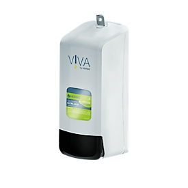 Wanddispenser voor HERWE VIVA flessen met 1 l inhoud, handmatig, afsluitbaar, kijkvenster, bevestigingsset, B 135 x D 104 x H 262 mm, ABS kunststof, wit