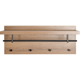 Wandgarderobe HAKU, 4 Haken mit jeweils 3 kg Tragkraft, Kleiderstange, Hutablage, B 750 x T 260 x H 300 mm, Holz/Metall, dunkles Eiche-Dekor/schwarz