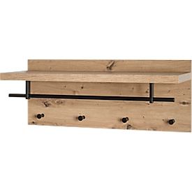 Wandgarderobe HAKU, 4 Haken mit jeweils 3 kg Tragkraft, Kleiderstange, Hutablage, B 750 x T 260 x H 300 mm, Holz/Metall, helles Eiche-Dekor/schwarz