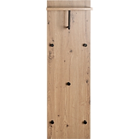 Wandgarderobe HAKU, 5 Haken mit jeweils 3 kg Tragkraft, Kleiderstange, Hutablage, B 300 x T 200 x H 1000 mm, Holz/Metall, helles Eiche-Dekor/schwarz