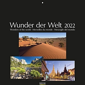Wandkalender Wunder der Welt, schwarzes Fotopapier, B 440 x H 360 mm, Werbedruck 280 x 40 mm