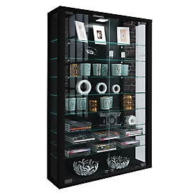Wandkast Vitrosa Mini - B 590 x D 180 x H 910 mm - met LED-verlichting - 8 legborden - glas en hout - zwart
