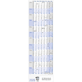Wandplaner Korsch 2026, Hochformat, Kalendarium für DE, Ferientermine, Sonn- und Feiertage für D/AT/CH, B 297 x H 975 mm, Recyclingpapier