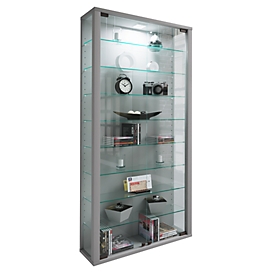 Wandvitrine Vitrosa Maxi, ohne LED-Beleuchtung, 8 Einlegeböden, 2 Flügeltüren, B 590 x T 180 x H 1140 mm, Glas & Holz, silber