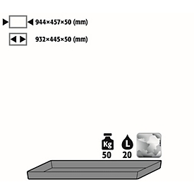 Wannenboden Standard für asecos Chemikalienschränke, Stahlblech, B 944 x T 457 x H 50 mm, 20 l, bis 50 kg