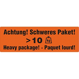 Warnetiketten „Achtung! Schweres Paket >10 KG“, 3-sprachig, 149 x 48 mm, perforiert, Haftpapier, leuchtrot mit schwarzem Aufdruck, 1 Rolle mit 500 Stück