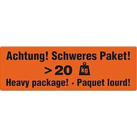Warnetiketten „Achtung! Schweres Paket >20 KG“, 3-sprachig, 148 x 48 mm, perforiert, Haftpapier, leuchtrot mit schwarzem Aufdruck, 1 Rolle mit 500 Stück
