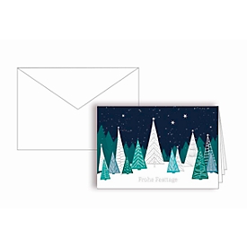Weihnachtskarte Korsch „Bäume im Schnee“, B6, doppelte Einlage, reinweiße Umschläge, FSC®-Karton mit Silberfolienprägung, dunkelblau-weiß-grün, 10 St.