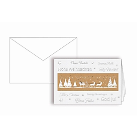Weihnachtskarte Korsch „Hirsche im Wald“, B6, doppelte Einlage, Lesezeichen, weiße Umschläge, FSC®-Glanzkarton mit Blindprägung, weiß-braun, 10 Stück