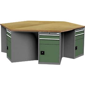 Werkbank Bedrunka+Hirth, 6-eckig, Buche-Multiplex-Arbeitsplatte, 6 Schubladenschränke mit je 2 Schüben + Flügeltür, abschließbar, B 2500 x T 2165 x H 859 mm
