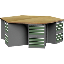 Werkbank Bedrunka+Hirth, 6-eckig, Buche-Multiplex-Arbeitsplatte, 6 Schubladenschränke mit je 6 Schüben, abschließbar, B 2500 x T 2165 x H 859 mm