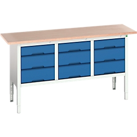 Werkbank Boot verso, met multiplex bovenblad, 9 laden, B 1750 x D 600 x H 830 - 930 mm, RAL 7035 lichtgrijs / RAL 5010 gentiaanblauw