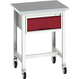Werkbank Bott verso, Linoleum-Platte, 1 Schublade, mit Querstrebenset, B 700 x T 600 x H 930 mm, Lichtgrau / Purpurrot