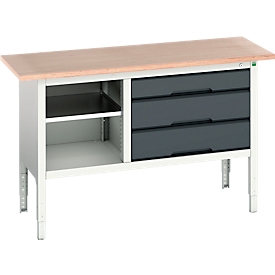 Werkbank Bott verso, multiplexplaat, 3 laden &amp; 1 legbord, B 1500 x D 600 x H 830 - 930 mm, RAL 7035 lichtgrijs / antracietgrijs