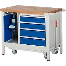 Werkbank model 8185, verrijdbaar, neerlaatbaar, met kast en schuifladen, B 1000 x D 700 x H 880 mm