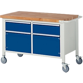 Werkbank serie 8466, verrijdbaar, 2 schuifladen, 2 deuren, B 1250 x D 700 X H 880 mm